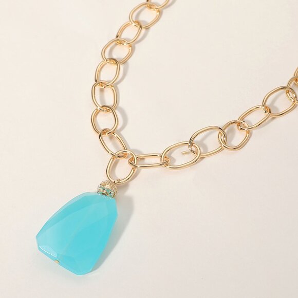Faceted Stone Pendant Chunky Gold Dipped Link Chain Statement Necklace - Picture 3 of 5